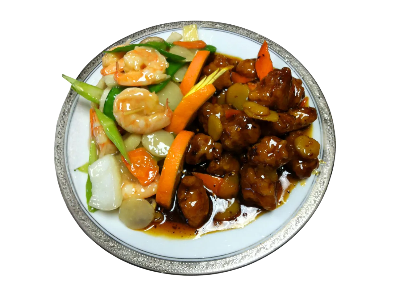 Orange chicken with shrimp and veggies at Chen's Kitchen, a Chinese Restaurant in McKinney